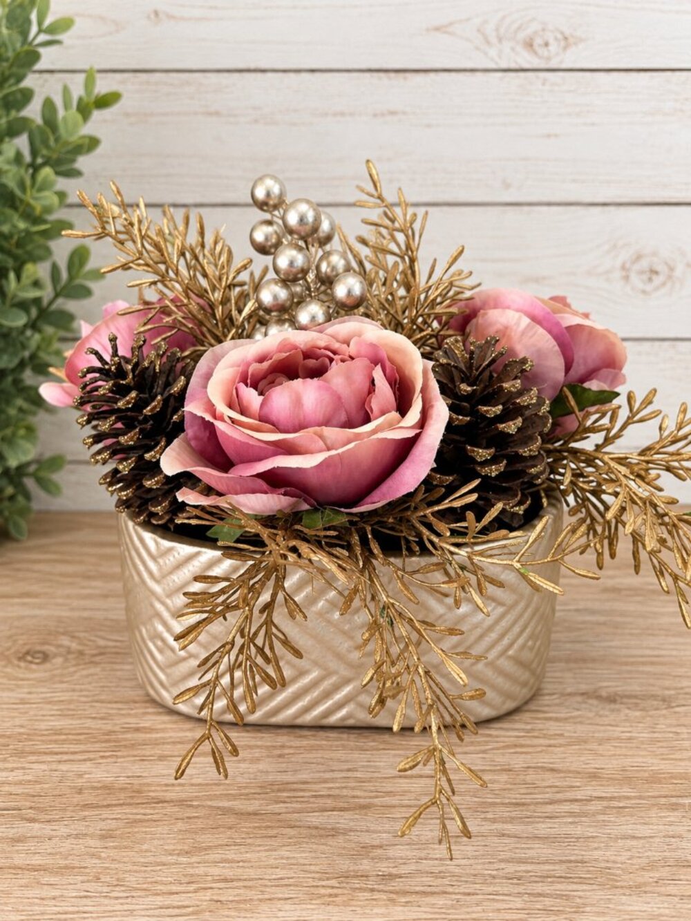 Pink Rose Gold Christmas Floral Centerpiece Pinecones Holiday Decor